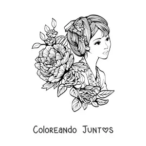 Imagen para colorear de una mujer asiática rodeada de flores