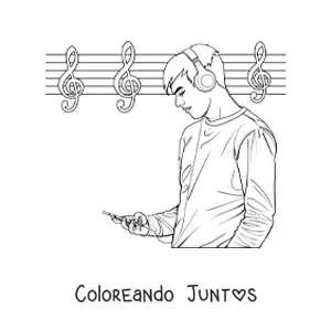 Imagen para colorear de un hombre joven escuchando música con audífonos con un pentagrama musical de fondo