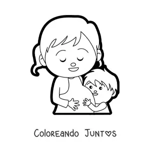 Imagen para colorear de una mamá embarazada junto a su niño mayor