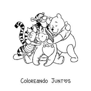Imagen para colorear de Winnie Pooh en un abrazo con sus amigos