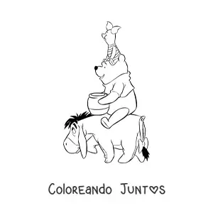 Imagen para colorear de Pooh sentado sobre Igor con Piglet sentado sobre su cabeza