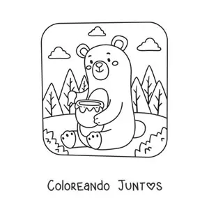 Imagen para colorear de un oso kawaii animado sentado en el bosque comiendo miel de un tarro