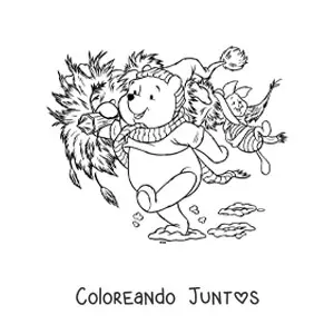 Imagen para colorear de Piglet y Pooh cargando un árbol de Navidad