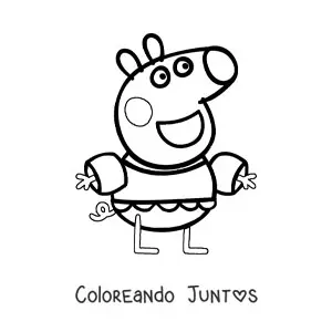 Imagen para colorear de Peppa feliz con un bañador y flotadores