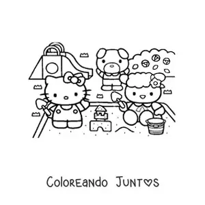 Imagen para colorear de Hello Kitty jugando con sus amigos en la caja de arena del parque