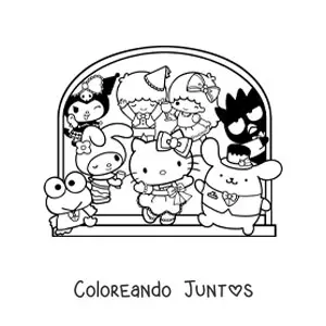 Imagen para colorear de Hello Kitty junto a varios personajes amigos de Sanrio