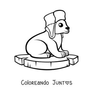 Imagen para colorear de un oso polar kawaii animado con sombrero sentado en un trozo de hielo