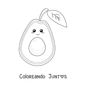 Imagen para colorear de un aguacate kawaii de ojos brillantes con su hoja