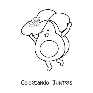 Imagen para colorear de un aguacate animado usando un sombrero de verano con una flor
