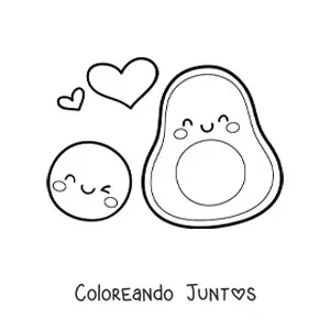 Imagen para colorear de un aguacate kawaii animado junto a su semilla animada sonriente