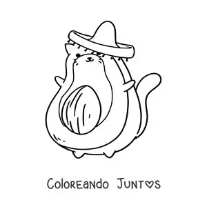 Imagen para colorear de un gato animado con forma de aguacate usando un sombrero mexicano