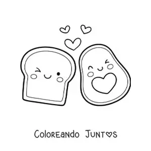 Imagen para colorear de un aguacate kawaii junto a una tostada animada con corazones en el aire