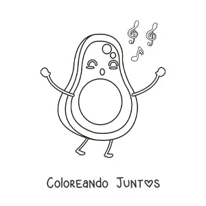 Imagen para colorear de un aguacate animado cantando con notas musicales flotantes