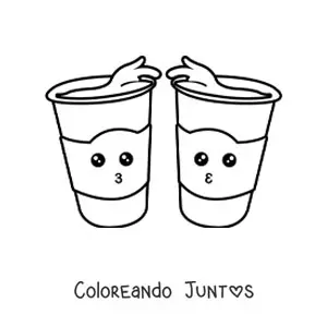 Imagen para colorear de dos vasos kawaii animados rebosados con café