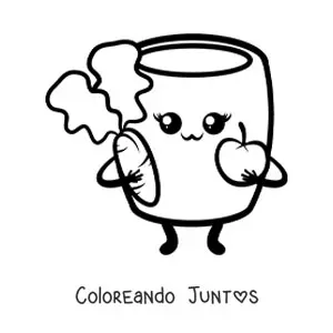 Imagen para colorear de un vaso lleno kawaii con manos y pies sosteniendo una manzana y una zanahoria