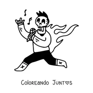 Imagen para colorear de un esqueleto humano vestido cantando rock con llamas en la espalda