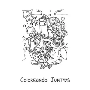 Imagen para colorear de un esqueletos sujetando un matras con un corazón humano rodeado de decoraciones de Halloween