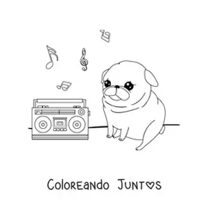 Imagen para colorear de un pug kawaii escuchando música en la radio con notas musicales en el aire
