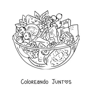 Imagen para colorear de una ensalada de frutas realista en un recipiente de vidrio