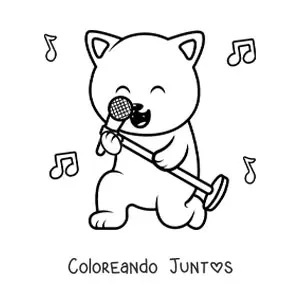 Imagen para colorear de un gato animado cantando con micrófono con notas musicales de fondo