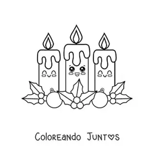 Imagen para colorear de tres velas de Adviento kawaii animadas con muérdago y bambalinas