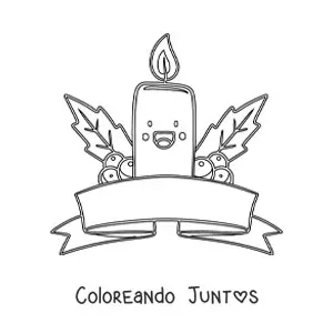 Imagen para colorear de vela navideña kawaii animada con muérdago y cinta