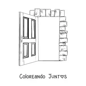 Imagen para colorear de una puerta de madera abierta con marco de ladrillos