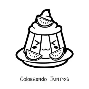Imagen para colorear de una gelatina kawaii con crema y trozos de frutas