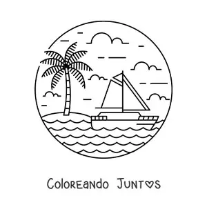 Imagen para colorear de una isla con una palmera y un velero