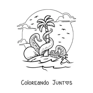 Imagen para colorear de una isla con cofre del tesoro con un pulpo gigante intentando robarlo
