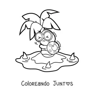 Imagen para colorear de una tortuga kawaii asustada en una isla rodeada de tiburones