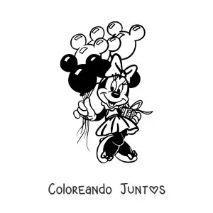 Imagen para colorear de Minnie con un regalo y globos de cumpleaños con forma de Mickey