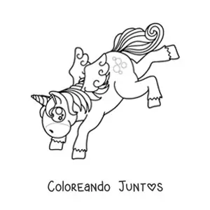Imagen para colorear de un unicornio animado bailando sobre sus patas delanteras