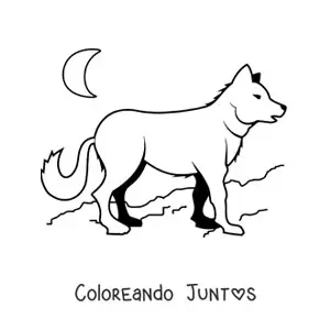 Imagen para colorear de un lobo y luna en el fondo