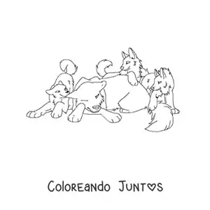 Imagen para colorear de una manada de cachorros de lobos animados
