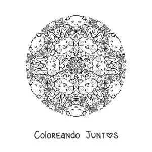 Imagen para colorear de mandala de conejos y estrellas para niños de primaria