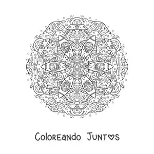 Imagen para colorear de mandala de cohetes y extraterrestres para niños