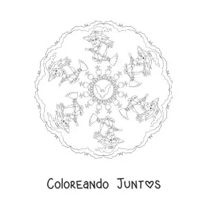 Imagen para colorear de mandala de Halloween con bruja y murciélagos