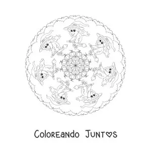 Imagen para colorear de mandala de Halloween con bruja y murciélagos