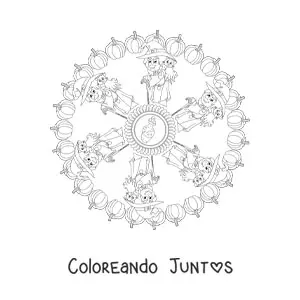 Imagen para colorear de mandala de Halloween con bruja y gato