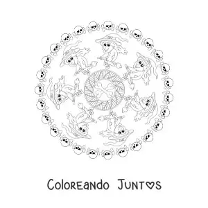 Imagen para colorear de mandala de Halloween con bruja y calaveras