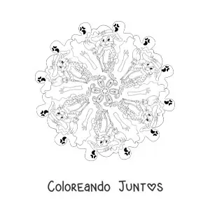 Imagen para colorear de mandala de Halloween con gato y fantasmas