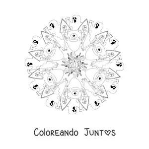 Imagen para colorear de mandala de Halloween con monstruo y casa embrujada