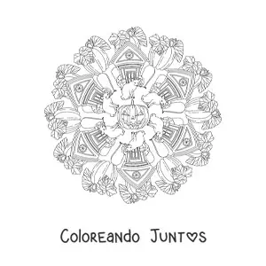 Imagen para colorear de mandala de Halloween con casa embrujada y calabazas