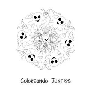 Imagen para colorear de mandala de Halloween con murciélagos y fantasmas