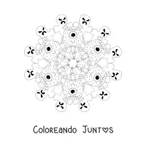 Imagen para colorear de mandala de Halloween con monstruos y fantasmas