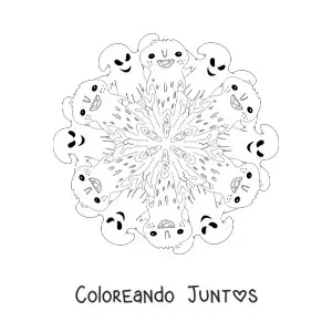 Imagen para colorear de mandala de Halloween con monstruos y fantasmas
