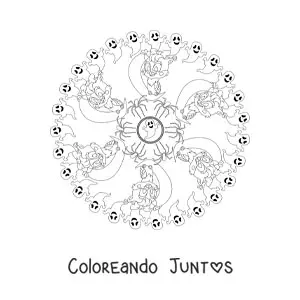 Imagen para colorear de mandala de Halloween con gato y búhos