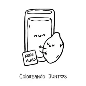 Imagen para colorear de una vaso con limonada animado abrazando un limón kawaii