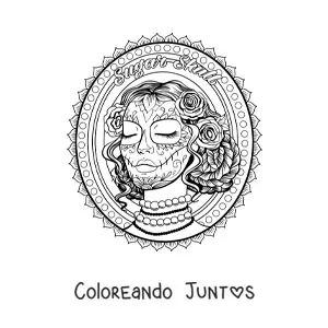 Imagen para colorear de hermosa catrina realista con fondo de mandala